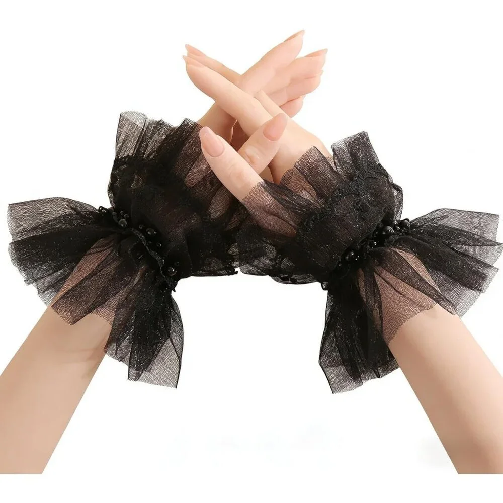 Women's Fingerless Black Pearl Tulle Short Lace Gloves Wedding Party Prom